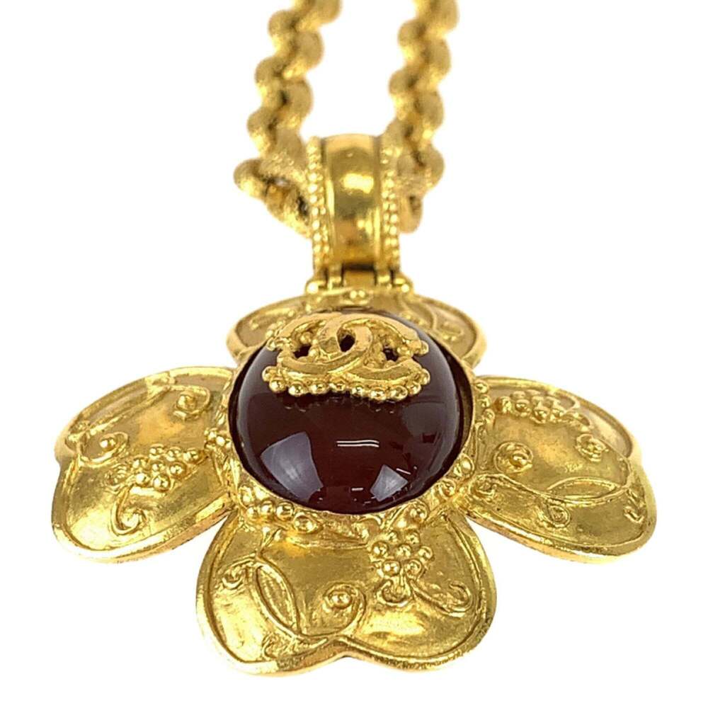 CHANEL Vintage Gripoix Coco Mark Stone Flower Gold Wine Red Plated Necklace P... - Picture 3 of 8